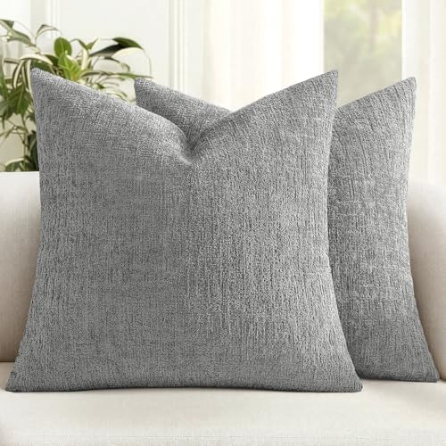 MIULEE Decorative Throw Pillow Covers 18x18 Pack of 2 Medium Grey Couch Pillow Covers Soft Cozy Textured Chenille Pillowcases for Home Decor Sofa Living Room Cushion Bedroom - color: Medium Grey, size: 18" x 18" (Pack of 2)