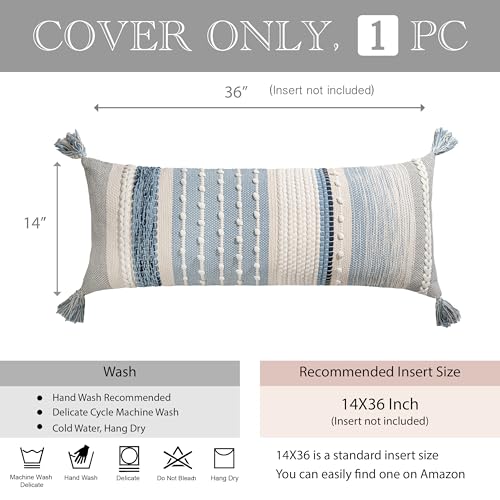 BlissBlush Coastal Blue Decorative Lumbar Pillow Cover 14x36 Boho Long Body Pillow for Bed Farmhouse Lumbar Throw Pillow for Couch Modern Accent Textured Throw Pillowcase - color: Coastal Blue, size: 36" x 14" (Pack of 1)