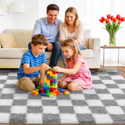 Area Rugs for Living Room Bedroom 9x12, Ultra Fluffy Shag Checkered Rug Modern Washable Carpet Soft Shaggy Non Slip Indoor Plush Fuzzy Rugs for Bedroom Dorm Office Home Aesthetic Decor, White & Grey - color: White & Grey, size: 9' x 12' (Rectangular)