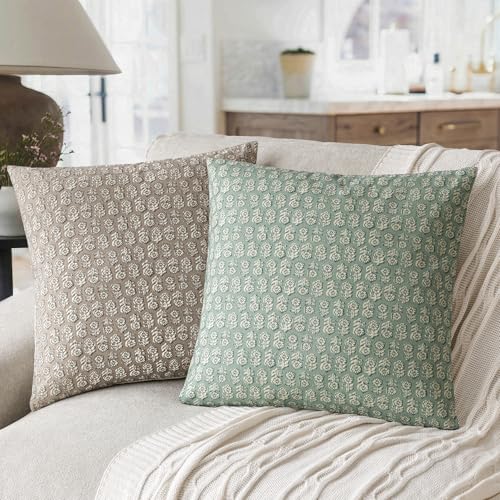 Foindtower Set of 2 Decorative Neutral Floral Print Throw Pillow Covers Vintage Accent Farmhouse Cushion Covers Boho Home Decor for Sofa Chair Couch Bedroom Living Room Outdoor,18×18 Inch,Aqua Blue - color: Aqua Blue, size: 18" x 18" (Pack of 2)