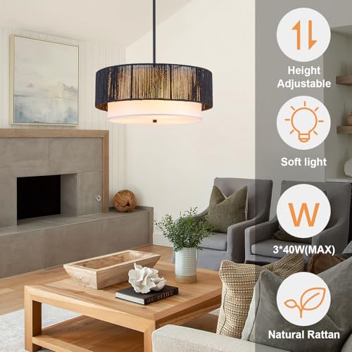 18'' Farmhouse Rattan Chandeliers for Dining Room,3-Light Boho Light Fixtures Rattan Pendant Light Fixture with Fabric Shade Drum Chandeliers for Bedroom Dining Room Foyer Kitchen Hallway（Black） - color: Black, size: 18 inch Drum