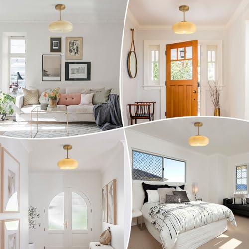 Mid Century Ceiling Light Fixtures Milk Glass Ceiling Lights Round Milk Yellow Shade Gold Brass Semi Flush Mount Ceiling Light Globe Glass Ceiling Lamp for Hallway Dining Room Kitchen - color: Milk yellow-2