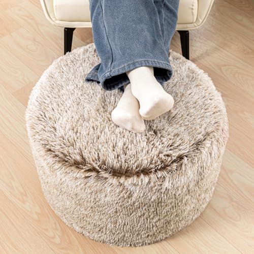 Stuffed Ottoman with Modern High Density Foam Faux Fur Pouf Stool Round Foot Stool Cushion Storage Ottoman 20 * 12''Floor Pouf Ottoman Foot Rest for Living Room (Snow Coffee)
