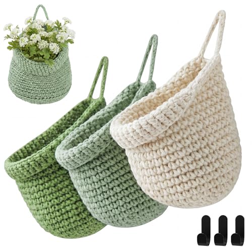 Honeydak Boho Decor Hanging Wall Baskets for Kitchen 3 Pack Teardrop Baskets with Hooks Storage Fruit Onion Vegetable Potato for Home 3 Sizes(Sage Color Palette,Barrel,Cotton Rope) - color: Sage Color Palette, size: Cotton Rope, style: Barrel