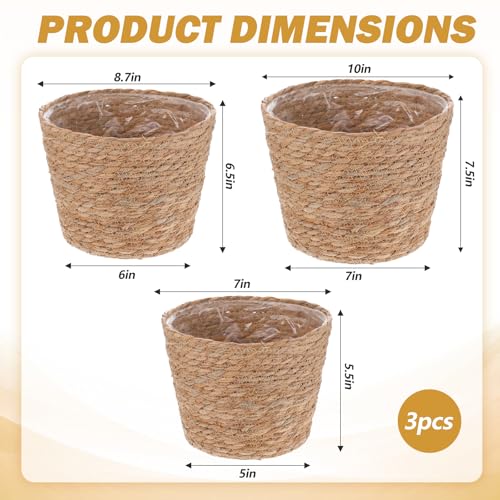 3 PCS Plant Baskets Indoor with Plastic Liner, Water Hyacinth Woven Planters Flower Basket, Planter Basket for Rustic Boho Home Farmhouse Floor Potted Pots Decor