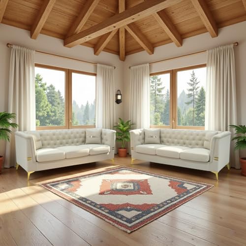 KEIKI 2-Piece Luxury Chesterfield Sofa Set with 2 Oversized Velvet 3-Seater Sofa, Upholstered Modern Style 6-Seater Button Tufted Couch Set with 4 Pillow, Gold Metal Accents, for Living Room, White - color: Cream White, size: 82"+82"