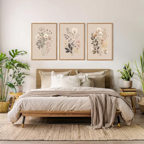 CHDITB Botanical Flower Framed Canvas Wall Art Set Of 3, Modern Nature Wildflower Wall Decor, Rustic Floral Wall Painting, Vintage Flowers Art Prints For Bedroom Living Room Office Decor (12X16 Inch) - color: Floral wall art 3