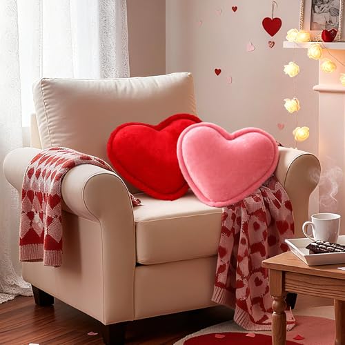 Roowest 2 Pack Valentine's Day Velvet Heart Pillows Soft Decorative Cute Love Fringe Throw Pillow Back Cushion for Girls Women Bed Sofa Couch Living Room Home Decor Wedding Gift(Red Pink)