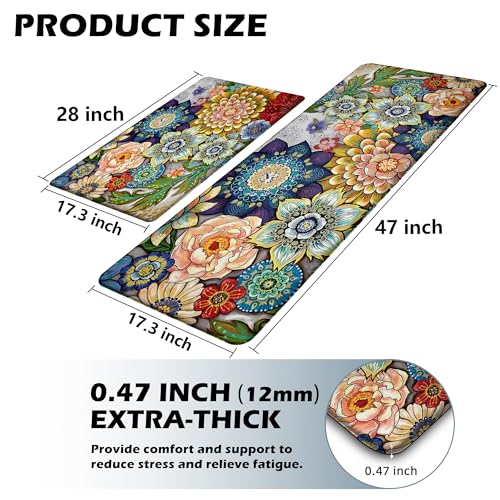 Boho Floral Kitchen Rugs Mats for Floor 2 Piece Cushioned Anti Fatigue Memory Foam Mat Non Slip Standing Desk Padded Comfort Standing Mat, 17.3x28+17.3x47 Inch - 1/2 Inch Thick - color: Colorful Boho Floral, size: 17.3"x28"+17.3"x47"-0.47Th[2PCS]