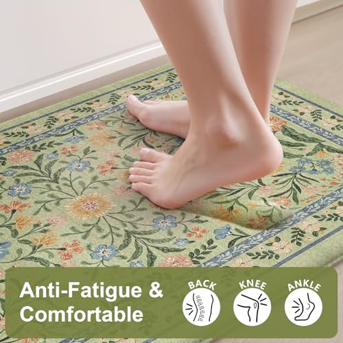 Collive Green Kitchen Mats for Floor, Cushioned Anti Fatigue Mat Non Skid Waterproof Kitchen Rugs Set of 2, Beige Vintage Comfort Standing Desk Rug for Office, Sink, Laundry, 17"x30"+17"x59" - color: Green, size: 17.3"x59"+17.3"x29"