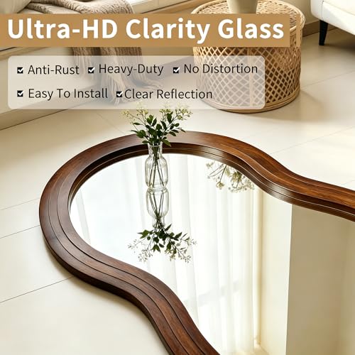 Wavy Full Length Mirror, 71"x33.5" Oversized Organic Floor Mirrors with Triple-Layer Solid Wood Frame, Irregular Full Body Mirror for Entryway Hallway Living Room Cloakroom, Leaning/Hanging - color: Walnut Wavy Frame, size: 71"L x 33.5"W
