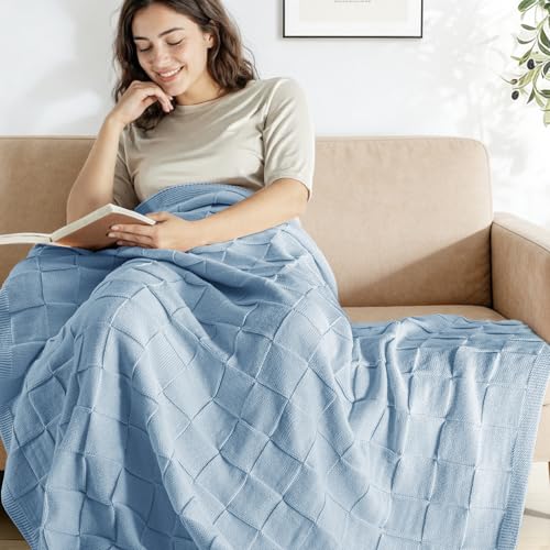 Whale Flotilla Checkered Knit Throw Blanket for Couch, Soft Decorative Knitted Blankets for Sofa Bed, Lightweight Cozy Throws for Spring Summer, 50x60 Inch, Blue - color: Blue, size: 50x60 Inch