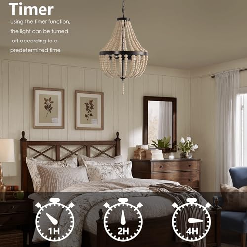 3-Light Plug in Chandelier Dimmable and Timer Mini Wood Beaded Bohemian Pendant Light Fixture with 16.4ft Swag Cord,Black Metal Finish Natural Color Beads,Dining Room,Living Room,Foyer,Bedroom… - color: Black, size: Plug in-3 Light