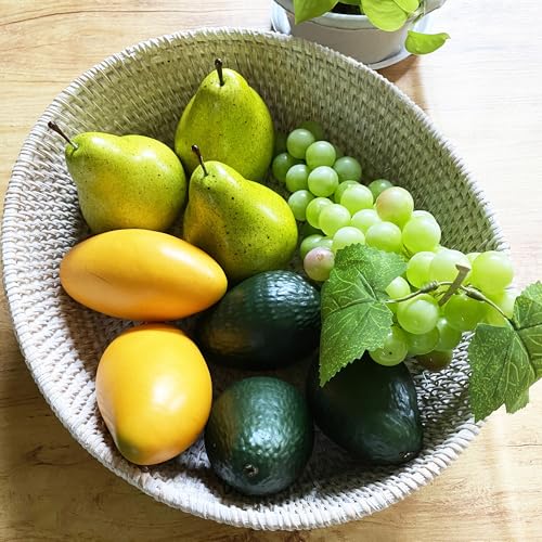 amololo16" Oval White Rattan Fruit Serving Basket with 4inch High Wall,Home Décor Wicker Basket Tray Large Rattan Dining Table Centerpiece Bowl for Various Things,Bread,Snack,Odds and Ends - color: Wash White(15.7"x13.4x4")