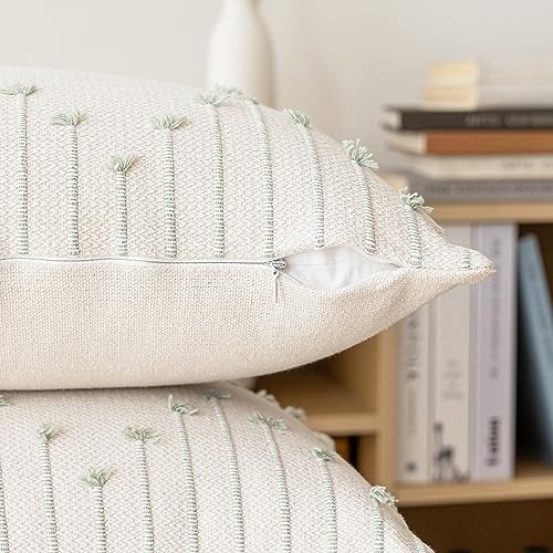 LILEPOY Boho Throw Pillow Covers 20x20 Set of 2 Neutral Decorative Textured Cushion Case Farmhouse Pillowcase Modern Square Pillow Covers for Sofa,Couch, Living Room,Beige and Green - color: Beige and Green, size: 20" x 20" (Pack of 2)