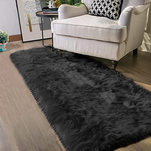 Latepis Black Runner 2x5 Washable Rug Faux Sheepskin Bedroom Rug Soft Fluffy Fur Rugs for Sofa Cover Cushion Room Décor, Runner - color: Black, size: 2' x 5' (Runner)