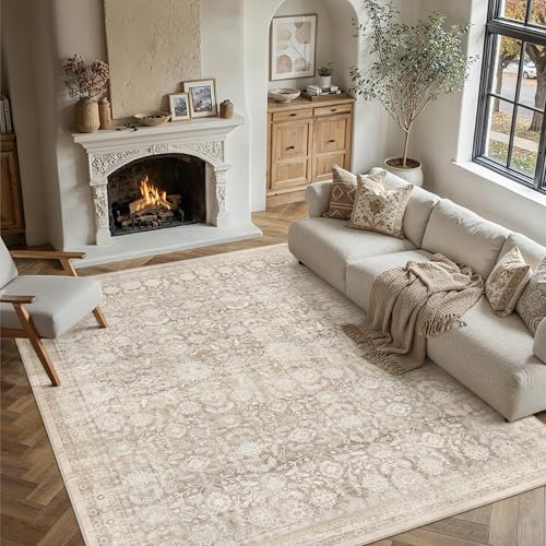 8x10 Beige Washable Neutral Area Rug Living Room Floral Non Slip Low Pile Large Rug Vintage Traditional Stain Resistant Distressed Carpet Bedroom Dining Room Office Playroom - color: Accent | Beige, size: 8'x10'