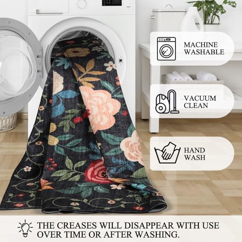 DUKINO 2.6x14 Kitchen Runner Rug, Lightweight Floral Washable Rug for Hallway, Boho Low Pile & Non Slip Backing Soft Floor Carpet for Entryway, Bedroom, Bathroom, Laundry, Black - color: Black, size: 2'6" x 14' (Rectangular)