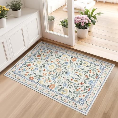 GarveeHome 2x3 Floral Rugs for Entryway, Non-Slip Soft Vintage Throw Door Mat, Low Pile Foldable Farmhouse Carpet, Non-Shedding Indoor Washable Small Rug for Bedroom Kitchen, Green - color: Green, size: 2' x 3' (Rectangular)