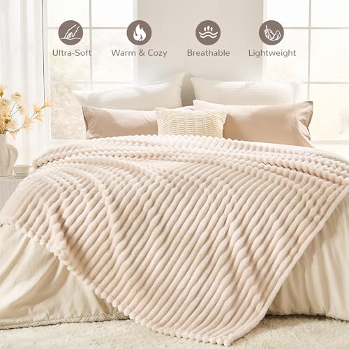 Cream Striped Throw Blanket, 330GSM Soft Plush Fleece Blanket for Couch Sofa Travel, Decorative Cozy Giftable Home Blanket, 50x60 Inches - color: Cream, size: Throw(50"x60")