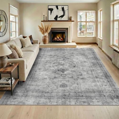 Homemate Washable Rug 8x10 Area Rugs - Vintage Faux Wool Rugs for Living Room Bedroom Dining Room - Non Slip Foldable Carpet Indoor Area Rug for Home Decor（8'x10', Black - color: Black, size: 8x10 ft