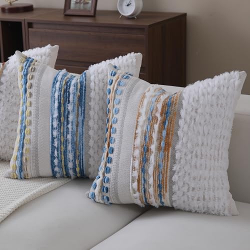 Boho Throw pillow covers 18x18 set of 2 farmhouse decorative Couch pillow covers neutral Accent throw pillows covers striped outdoor cushion covers square textured chenille pillow cases for sofa bed - color: Z New Blue
