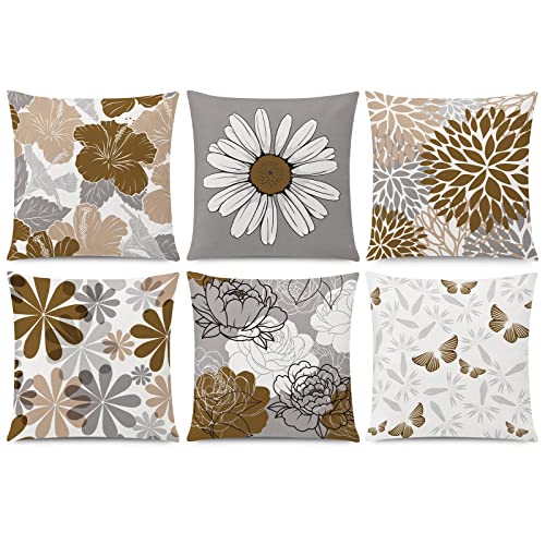 COMMINY Brown Grey Pillow Covers 16x16 Set of 6 Decorative Daisy Flower Throw Pillow Cover for Couch Modern Farmhouse Cushion Cover for Sofa Patio Bed Living Room Home Decor - color: Grey Brown, size: 16" x 16" (Pack of 6)