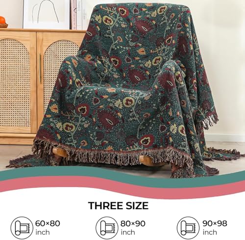 Boho Throw Blanket,Deep Green Floral Fringed Muslin Blanket for Couch,Sofa, Living Room, Bedroom – Lightweight Cotton Tassel Blanket for Summer,Cozy Home Decor,Gifts for Father,50"x60" - color: Green Peacock Tail, size: 50"x60"