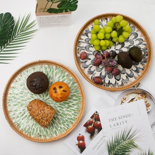 Round Rattan Tray with Mother of Pearl Inlay, Decorative Wicker Serving Tray with Wooden Base, Woven Basket Trays for Bread Fruits Coffee, Plume - color: Plume