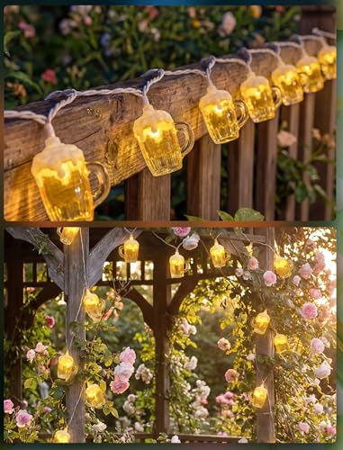 Beer Mug Outdoor String Lights, Hawaiian Decor Lights, 8.5Ft LED Tropical Beach Camping String Lights Plug in with 10 3D Beer Cup Bulbs, Summer Decor for Tent Holiday Party Garden Cinco de Mayo - color: Multicolor Beer Mug