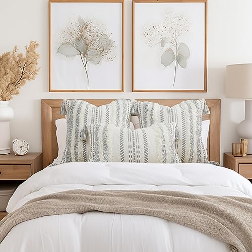 decorUhome Summer Decorative Boho Throw Pillow Covers 20x20 Set of 2, Accent Neutral Textured Tufted Pillow Covers Striped for Couch Bed Sofa Living Room, Grey and Cream White - color: Grey and Cream White, size: 20" x 20" (Pack of 2)