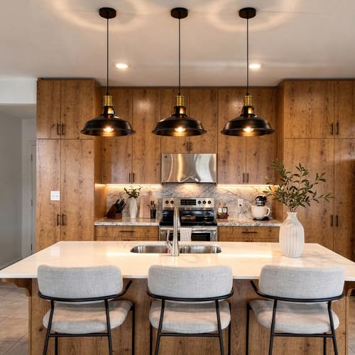 3 Light Pendant Lighting, Farmhouse Hanging Light Fixture for Kitchen Island & Dining Room, Industrial Vintage Ceiling Lamp with E26 Base, Adjustable Height, Black and Gold with Metal Shade - color: Metal Shade 1-Light (Black and Gold) - 3 Pack