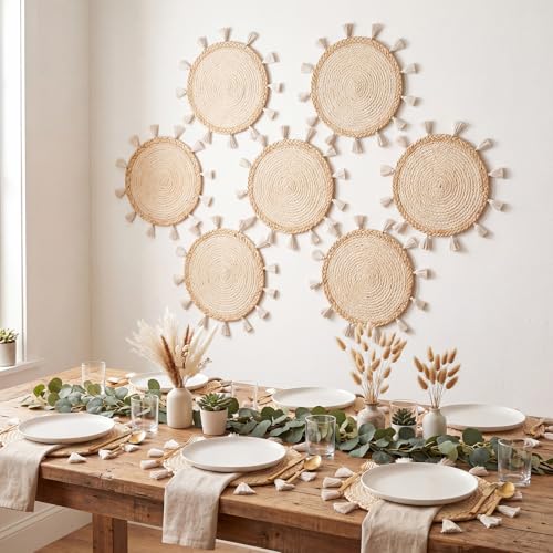 12 Pcs Round Boho Placemats 12 Inch Woven Wicker Placemat Boho Wall Basket Decor Macrame Table Mats Farmhouse Style Wall Hanging Decor for Dining Table Settings Kitchen Wedding Summer Decors