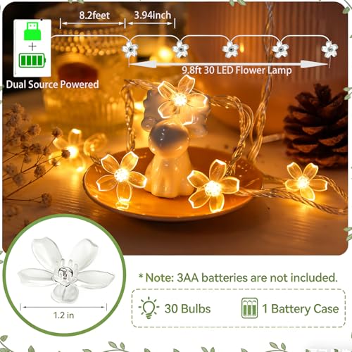 Decorative Flower String Lights for Bedroom, Battery Operated & USB Plug in 10 FT 30 LED Cute Fairy Cherry Blossom Floral Lamps Indoor Outdoor Christmas Holiday Hanging Vine Decorations (Warm White) - color: 10ft Warm White Flower Lights