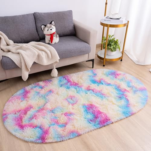 Goideal Fluffy Bedroom Rug, Small Oval Area Rugs, Rainbow Shag Bedside Carpet for Kids Room Nursery Dorm Cute Fuzzy Indoor Decor for Boy and Girl, 2.6 x 5.3 Feet - color: Rainbow