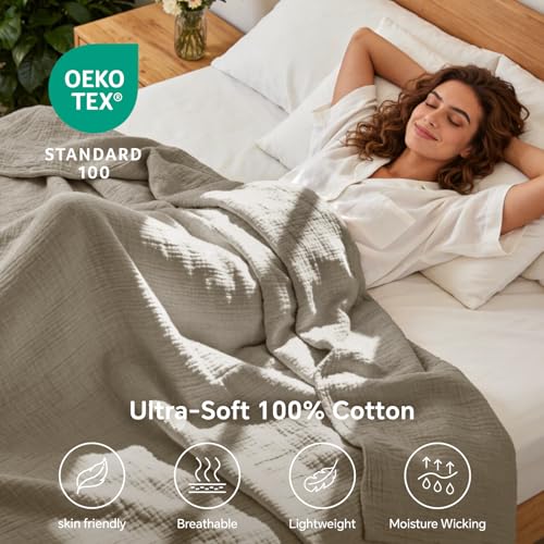 BEDELITE 100% Cotton Muslin Blankets for Adults - 4-Layer Large Throw Breathable and Lightweight Gauze Blanket for Couch, Bed, Travel and Summer, Soft & Cozy Gift for Women, Taupe, 50"x70" - color: Taupe, size: Throw XL(50"x70")
