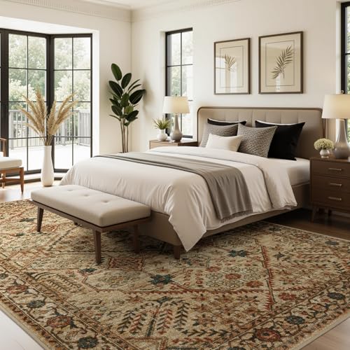 Joydeco 4x6 Area Rugs for Living Room, Non Slip Machine Washable Vintage Rug, Low Pile Chenille Print Rugs for Bedroom, Dining Room, Home Office, Pet & Child Friendly, Tan - color: Tan, size: 4' x 6' (Rectangular)