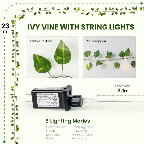 Vine String Lights Plug in, 23FT 73 LED Vines with Fairy Lights, Faux Pothos Leaf Garland with Light for Bedroom, Dorm Room, Wedding, Party & Home Decor, Warm White - color: Pothos, size: 73LED - Plug in