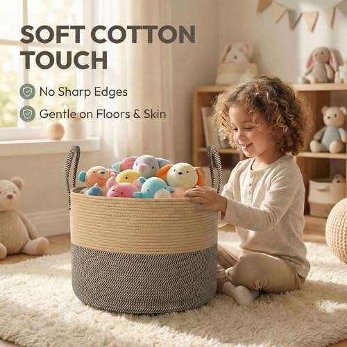 JMvicyroam 115L Extra Large Blanket Basket for Living Room - Woven Cotton Rope Laundry Hamper with Reinforced Handles - Storage Bin for Pillows, Comforters & Toys - Machine Washable,Jute&Black - color: Jute&Black, size: 115L