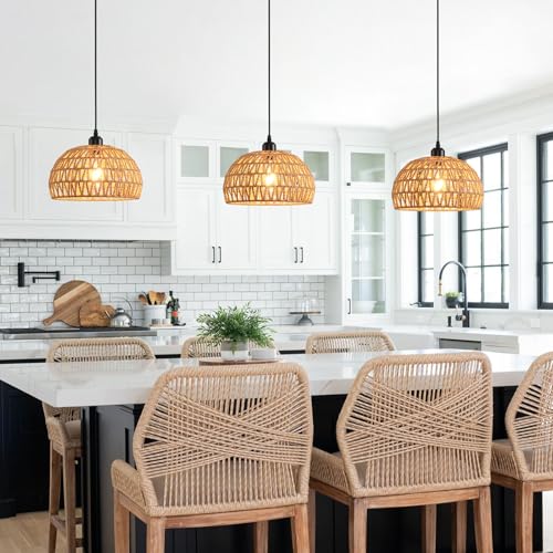 Rattan Pendant Light, 11" Boho Dome Dining Room Chandelier, Brown Woven Kitchen Pendant Lighting over Island, Coastal Wicker Light Pendant Hanging Light Fixture for Nursery Entryway Bedroom, E26 Base - color: 11" Brown
