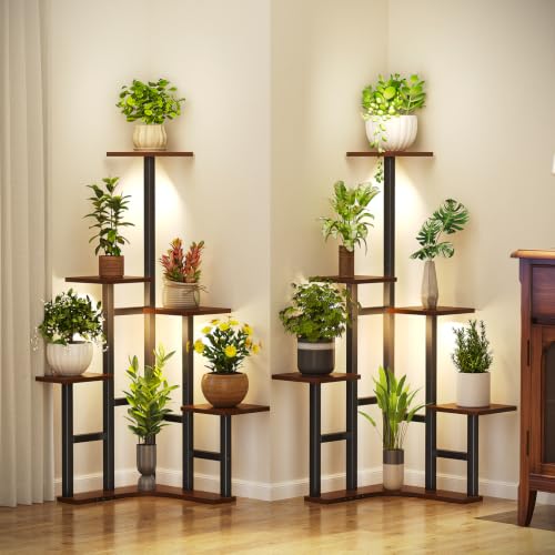 Yzosvki Corner Plant Stand Indoor with Grow Lights Set of 2, 6 Tiered Corner Plant Shelf Flower Stand for Multiple Plants, Plant Shelves Organizer Rack, Round Rustic Brown - color: Square-Rustic Brown(with Lights), size: 6 Tier-Set of 2