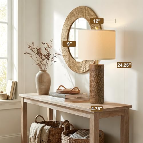 BOBOMOMO 24.25" Modern Farmhouse Table Lamps Set of 2, Geometric Wood Grain Resin Bedside Lamps for Nightstand, Rustic Lamps for Living Room, Bedroom, Entryway, Home Decor, Linen Shade - size: 24.25"