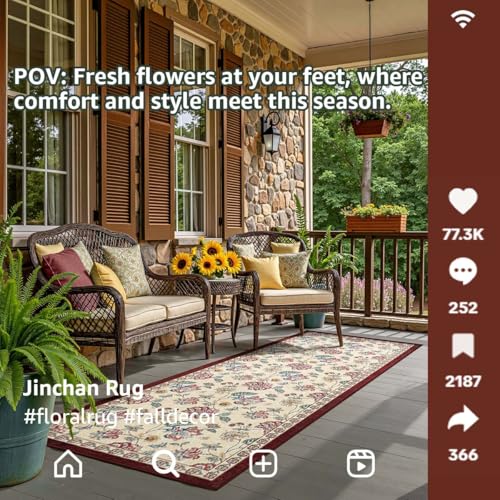 jinchan Elora 3x8 Floral Runner Rug for Hallway Washable Kitchen Runner Vintage Romance Design Non Slip Thin Indoor Floor Cover Low-Profile Throw Carpet for Entryway Bathroom Bedroom Porch, Red/Beige - color: Bloom Red/Beige, size: 3' x 8' (Light Weight)