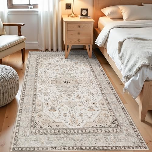 4x7 Rug Entryway Washable: Oriental Area Rugs for Kitchen - Ultra Thin Low Pile Stain Resistant Carpet - Home Decor for Vintage Style Lover (4x7 Ivory/Multi) - color: Ivory, size: 4' x 7' (Rectangular)