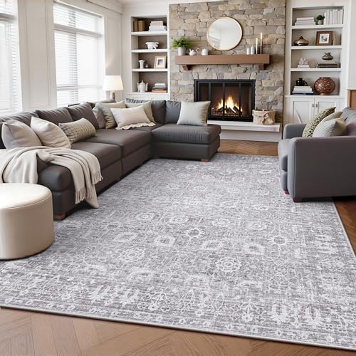 5x7 Area Rugs, Washable Vintage Retro Floral Rug for Living Room, Low Pile Non Slip Distressed Large Carpet for Bedroom, Dining Room, Office, Home (Vintage Purple Grey) - color: F-vintage Purple Grey, size: 5' x 7' (Rectangular)