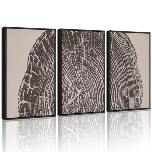 PHOPAGO Farmhouse Vintage Framed Wall Art Set Gray Wood Tree Ring Spirals Nature Abstract Drawings Rustic Modern Art Decor for Living Room Bedroom - 11x14in Black Framed - color: Oak Tree Ring, size: 11" x 14" x 3 Pcs Black