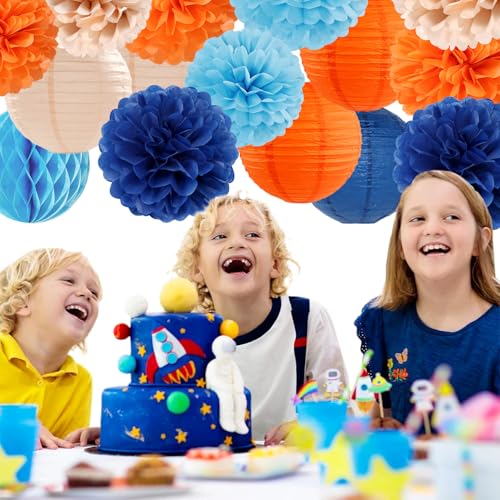 Navy-Blue Orange Champagne Party-Decorations Paper-Flowers - 15pcs Fall Birthday Baby Bridal Shower Tissue Pom Poms Lanterns Streamers Honeycomb, Wedding Bachelorette Hanging Supplies Decor Hugfond - color: Navy Orange Pink