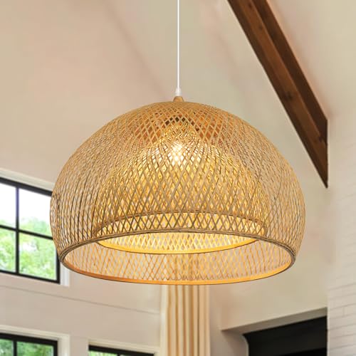 Arturesthome Bamboo Pendant Light for Kitchen Island, 17.6" Wicker Chandelier Lighting, Handmade Woven Hanging Ceiling Light Lampshade for Living Room Bedroom - size: B 17.6"*11.7"