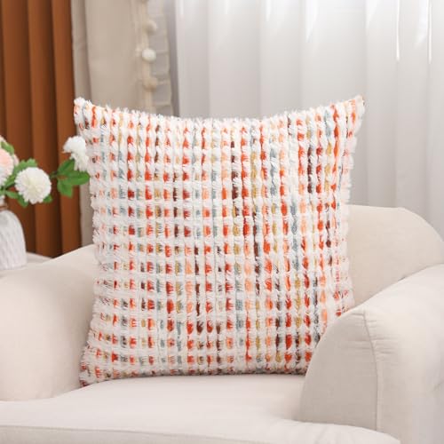 LUOYEHK Boho Throw Pillow Covers 20x20 Inch Set of 2 Chenille Tufted Pillowcase Farmhouse Neutral Cushion Covers for Couch Sofa Bed Living Room, Orange Red - color: Orange Red, size: 20" x 20" (Pack of 2)