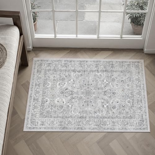 PureCozy Gray 2x3 Area Rug Entryway Washable Vintage Carpet Door Mat Small Indoor Non Slip Soft Low Pile Thin Stain Resistant Distressed Accent Throw Rug for Kitchen Bathroom Entrance Bedroom - color: Neutral Gray, size: 2' x 3' (Rectangular)